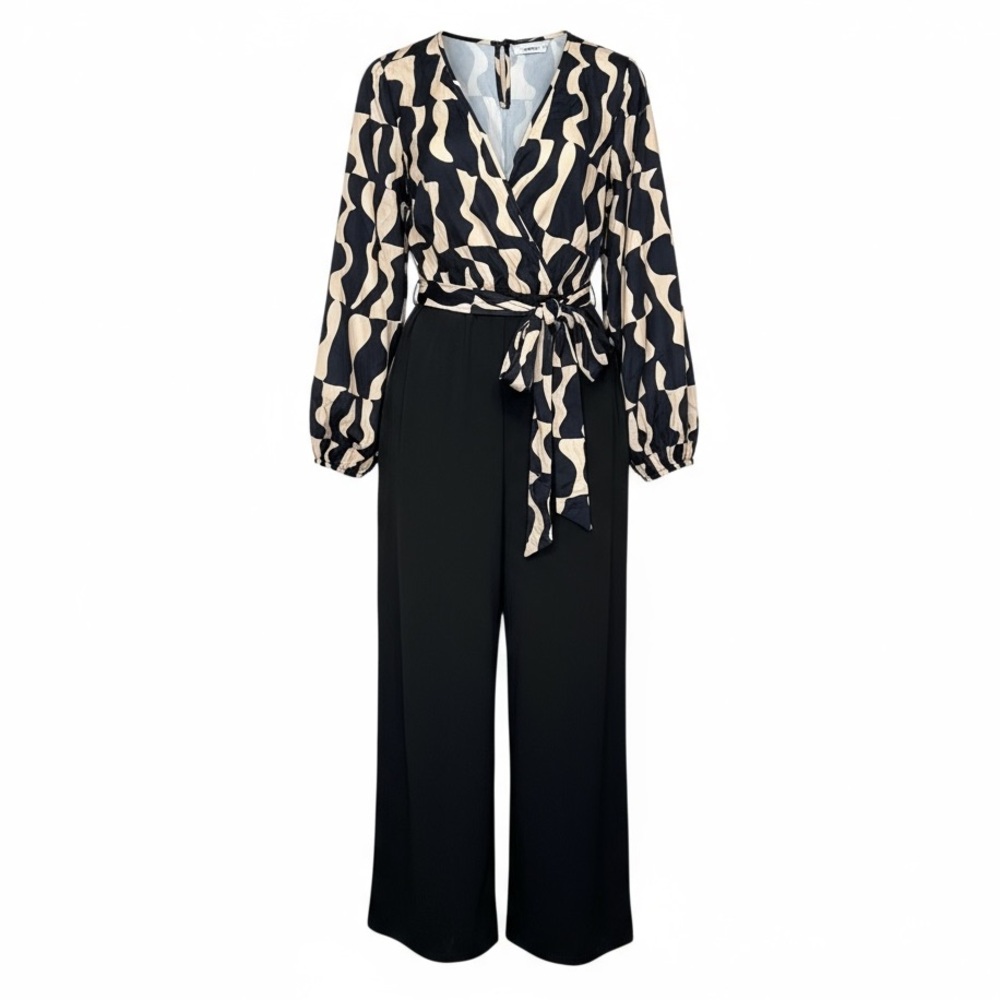 NWOT! Women’s Black & Beige Abstract Print Jumpsuit Size L